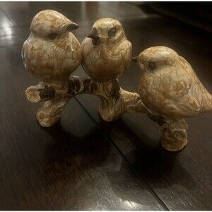 1978 Artist Signed Ceramic Figurine of Three Birds on Branch, 3" Tall x 6" Wide